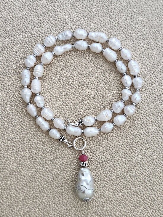 13-16mm White Baroque Freshwater Pearl Necklace - AAA Quality MINI BAROQUE PEARL NECKLACE W/ FLAMEBALL DROP--16\